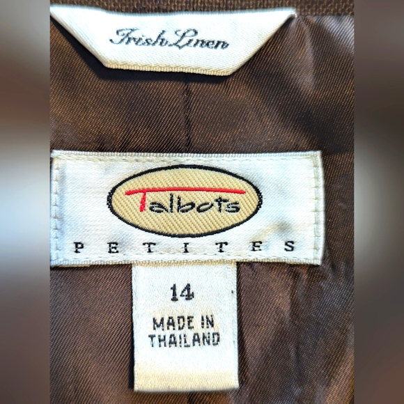 Talbots Linen Women's 14P 14 Petite Brown 100% Irish Linen 2 Two Button Blazer - Picture 3 of 9